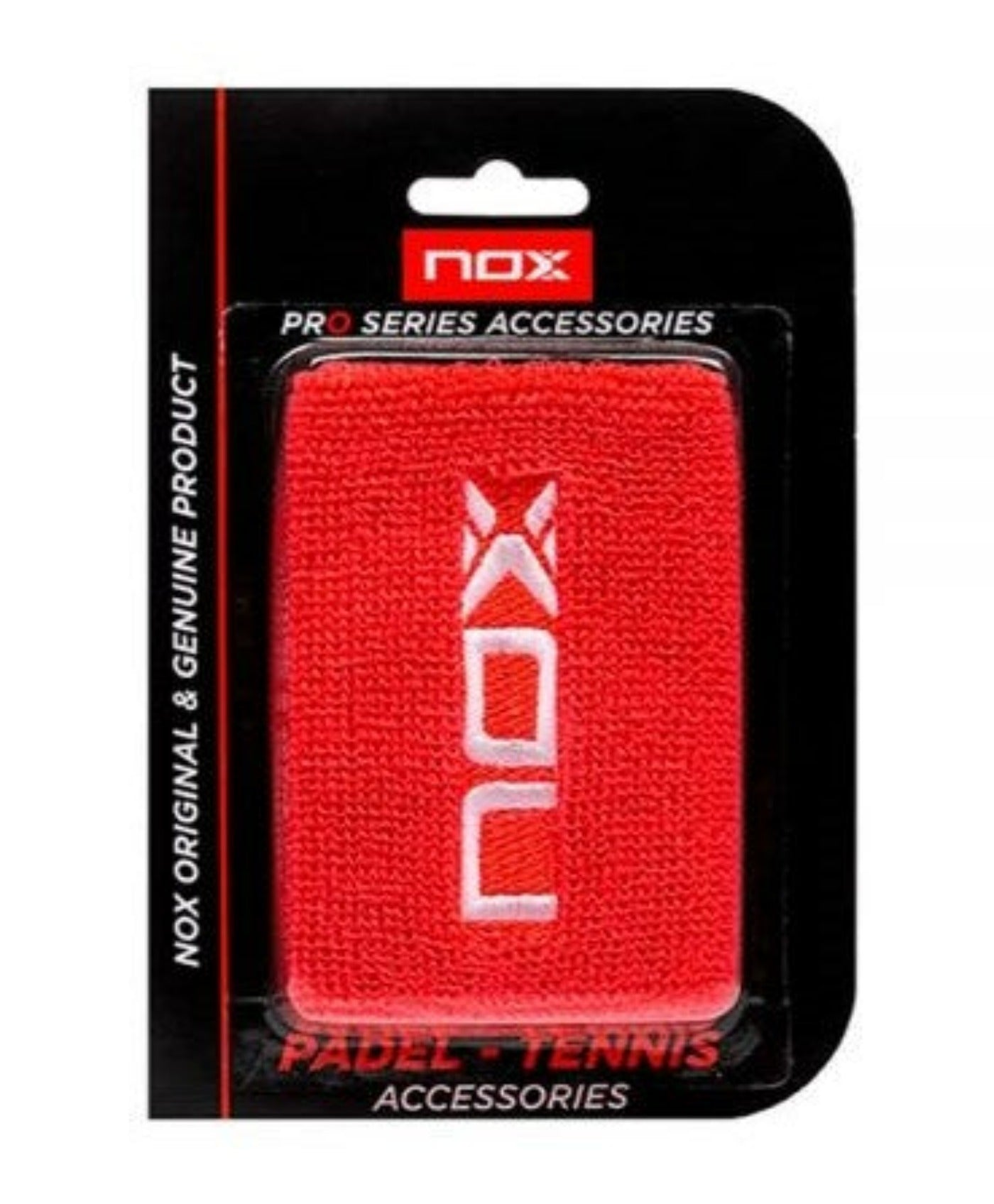 Blister de dos unidades muñequera padel Nox pro series en color rojo con el logo en color blanco.