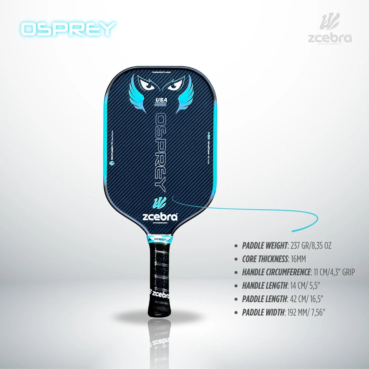 Paletta Pickleball ZEFRON In Grafite Con Nucleo A Nido D'Ape – 16 Mm – Leggera E Resistente Per Giocatori