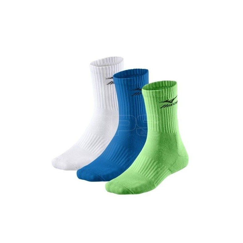 Pack de 3 calcetines Mizuno Training en colores blanco, azul y verde.