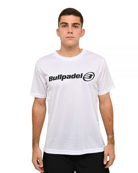 Camiseta bullpadel de color blanco con el logo en letras a la altura del pecho.