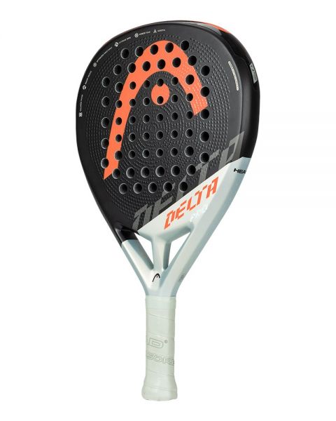 Pala de pádel head delta pro 2022. En colores gris plata y negro, combinado con el logo en naranja. Con forma de diamante. Vista lateral.