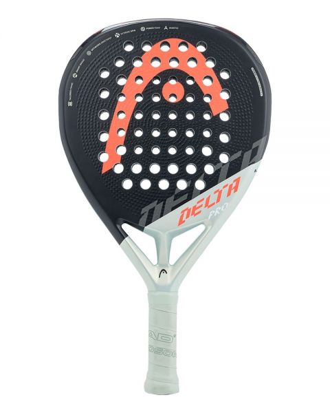 Pala de pádel head delta pro 2022. En colores gris plata y negro, combinado con el logo en naranja. Con forma de diamante.