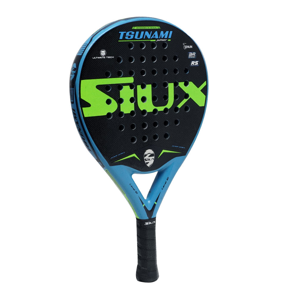 Pala de pádel Siux Tsunami junior, en colores negro, azul y verde flúor. Vista lateral.