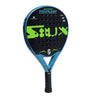 Pala de pádel Siux Tsunami junior, en colores negro, azul y verde flúor. Vista lateral.