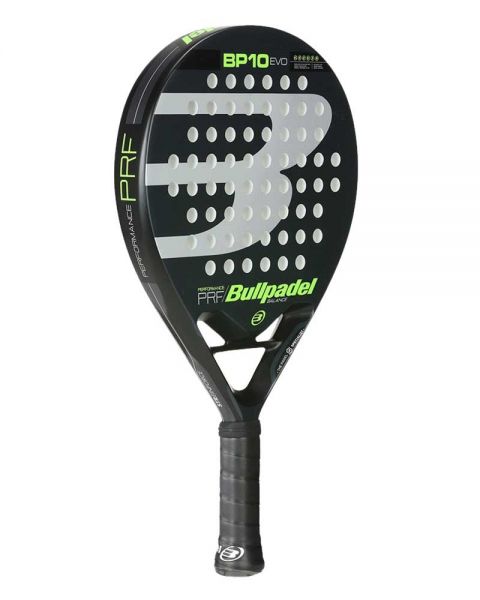 Pala de pádel Bullpadel BP10 Evo año 2022. En colores negro, blanco y verde. Vista de lado.