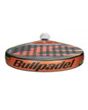 Pala de pádel Bullpadel Libra, en colores naranja, negro y detalles verde. Vista frontal.
