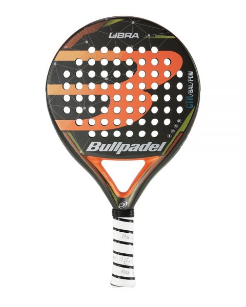 Pala de pádel Bullpadel Libra, en colores naranja, negro y detalles verde.