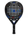 Pala de padel Siux modelo diablo revolution carbono 3k. En colores negro y azul. Con forma de gota invertida.