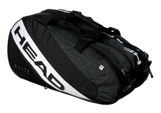 Paletero de padel Head Elite Supercombi. En color negro con una banda en blanco con el logo de la marca. Vista de la parte trasera.