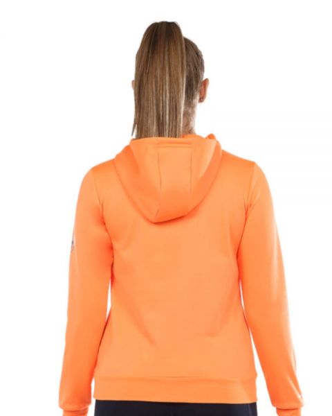Sudadera bullpadel yopa color naranja fluor. Vista de espalda, liso.